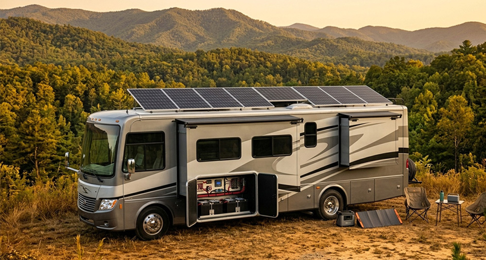 RV electrical upgrades with rooftop solar panels for off-grid camping
