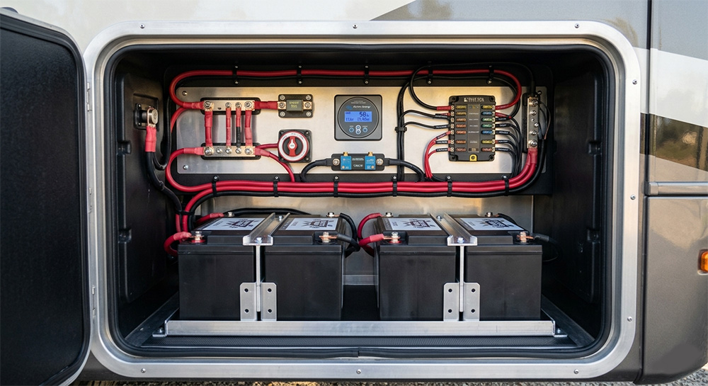 RV electrical upgrades with lithium battery installation in a recreational vehicle