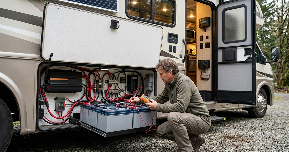 Checking an RV battery and electrical system before a road trip
